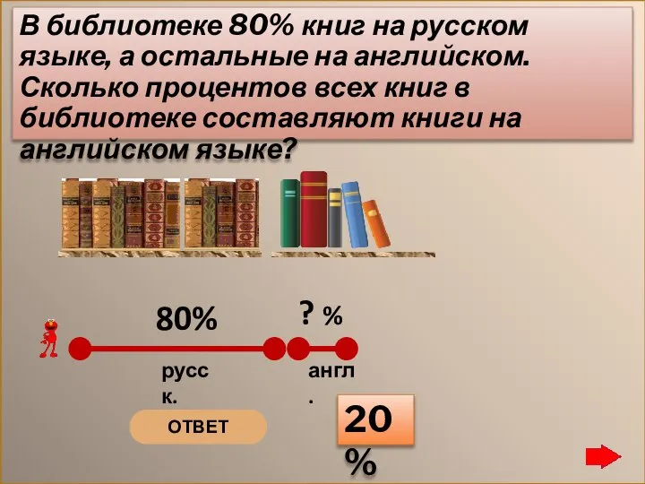 ОТВЕТ 20% В библиотеке 80% книг на русском языке, а остальные