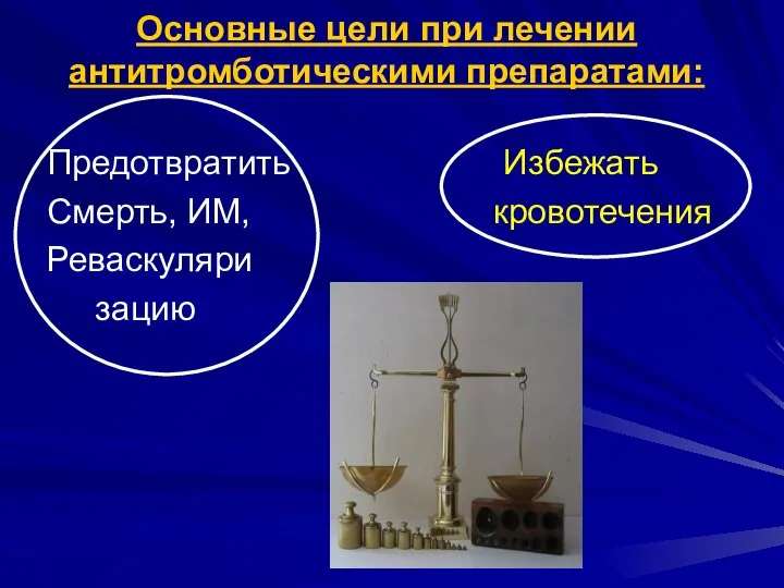 Основные цели при лечении антитромботическими препаратами: Предотвратить Избежать Смерть, ИМ, кровотечения Реваскуляри зацию