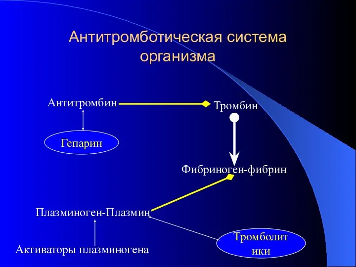 Антитромботическая система организма Антитромбин Тромбин Гепарин Фибриноген-фибрин Плазминоген-Плазмин Активаторы плазминогена Тромболитики