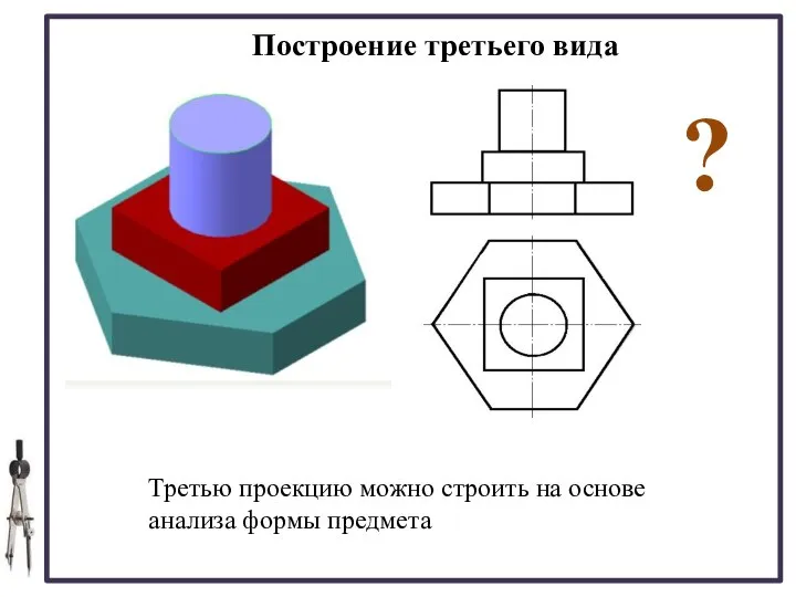 Построение третьего вида Третью проекцию можно строить на основе анализа формы предмета