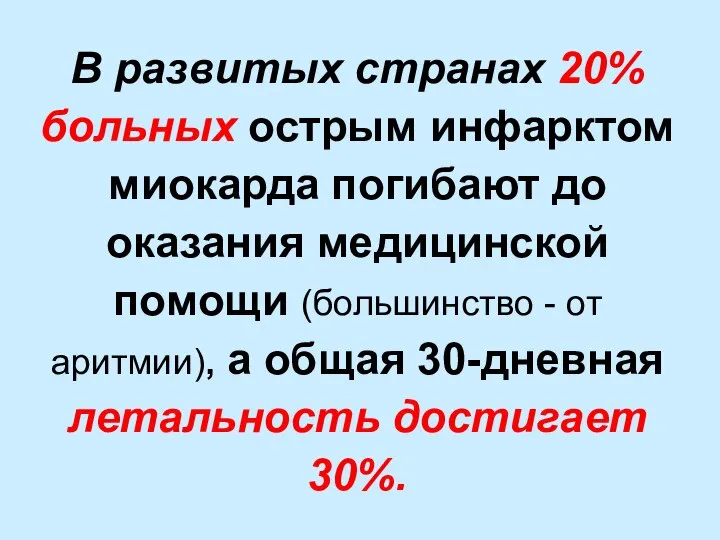 В развитых странах 20% больных острым инфарктом миокарда погибают до оказания