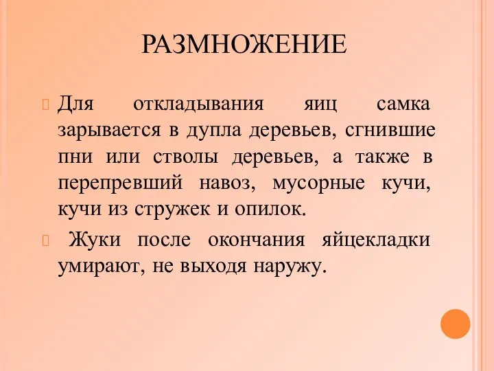 РАЗМНОЖЕНИЕ Для откладывания яиц самка зарывается в дупла деревьев, сгнившие пни