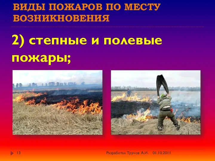 Виды пожаров по месту возникновения 2) степные и полевые пожары; 01.10.2011 Разработал Трунов А.И.