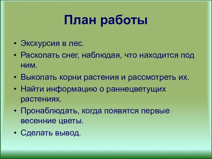 План работы Экскурсия в лес. Раскопать снег, наблюдая, что находится под