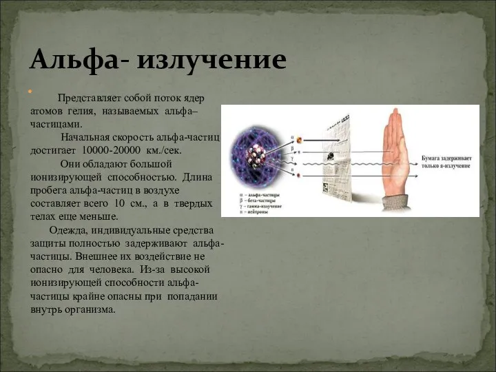 Альфа- излучение Представляет собой поток ядер атомов гелия, называемых альфа–частицами. Начальная