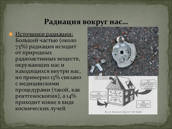 Радиация вокруг нас… Источники радиации: Большей частью (около 73%) радиация исходит