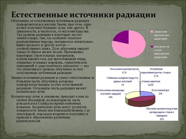 Естественные источники радиации Облучению от естественных источников радиации подвергаются все жители