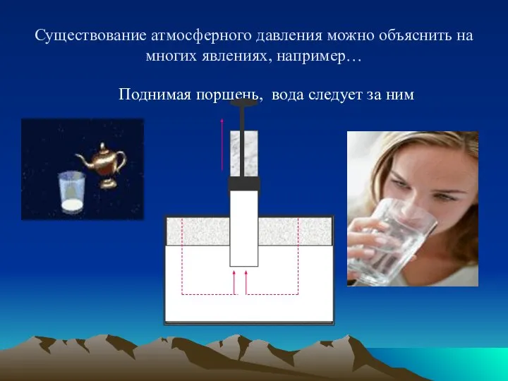 Существование атмосферного давления можно объяснить на многих явлениях, например… Поднимая поршень, вода следует за ним