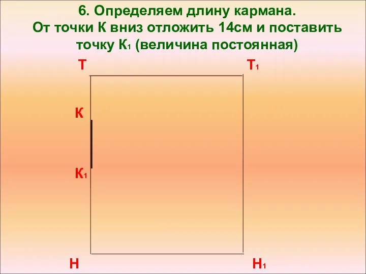 6. Определяем длину кармана. От точки К вниз отложить 14см и