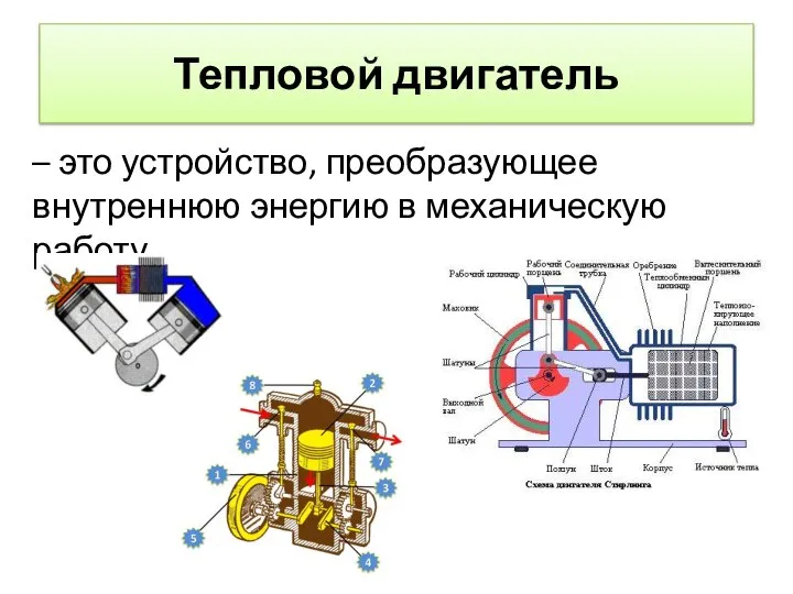 – это устройство, преобразующее внутреннюю энергию в механическую работу. Тепловой двигатель