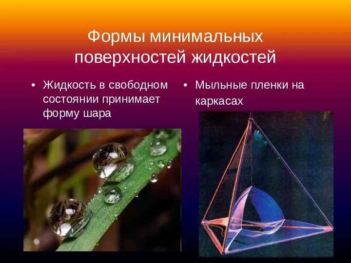 Формы минимальных поверхностей жидкостей Жидкость в свободном состоянии принимает форму шара Мыльные пленки на каркасах