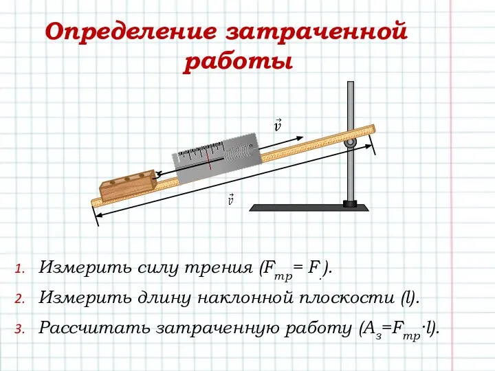 Определение затраченной работы Измерить силу трения (Fтр= F.). Измерить длину наклонной