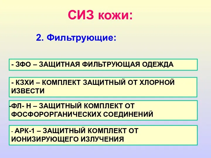 2. Фильтрующие: - ЗФО – ЗАЩИТНАЯ ФИЛЬТРУЮЩАЯ ОДЕЖДА - КЗХИ –