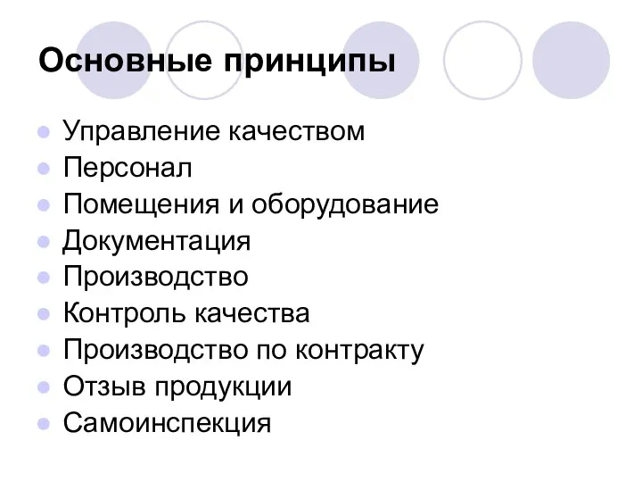 Основные принципы Управление качеством Персонал Помещения и оборудование Документация Производство Контроль