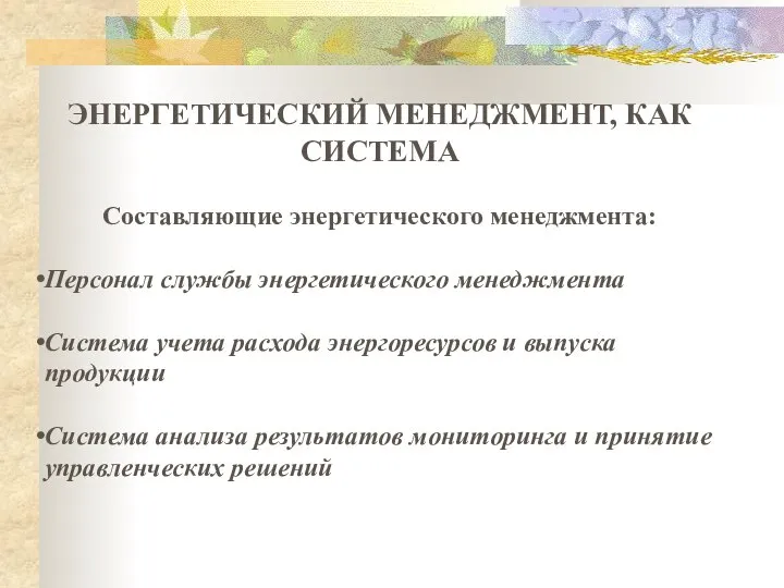 ЭНЕРГЕТИЧЕСКИЙ МЕНЕДЖМЕНТ, КАК СИСТЕМА Составляющие энергетического менеджмента: Персонал службы энергетического менеджмента