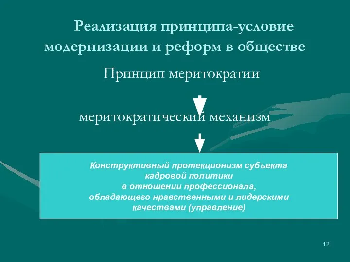 Реализация принципа-условие модернизации и реформ в обществе Принцип меритократии меритократический механизм