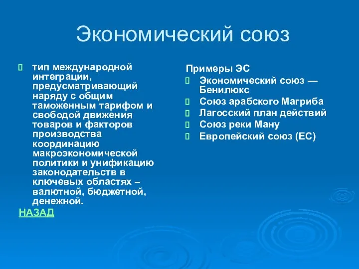 Экономический союз тип международной интеграции, предусматривающий наряду с общим таможенным тарифом