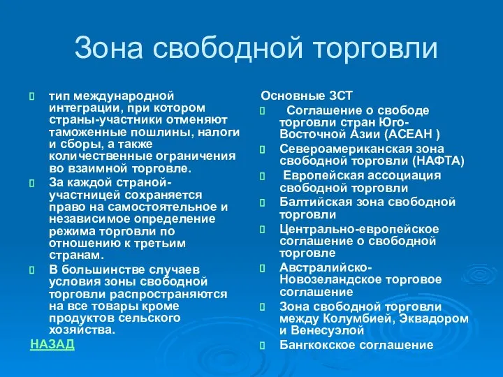 Зона свободной торговли тип международной интеграции, при котором страны-участники отменяют таможенные