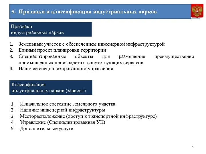 5. Признаки и классификация индустриальных парков Земельный участок с обеспечением инженерной