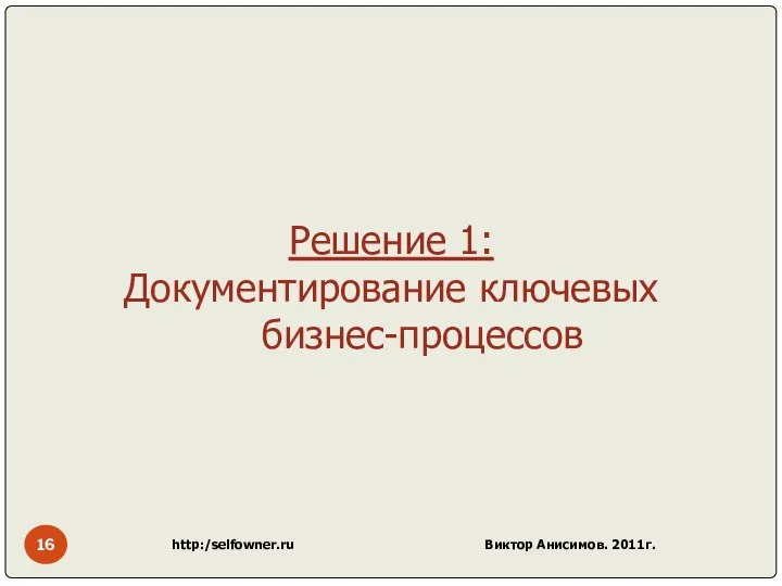 http:/selfowner.ru Виктор Анисимов. 2011г. Решение 1: Документирование ключевых бизнес-процессов