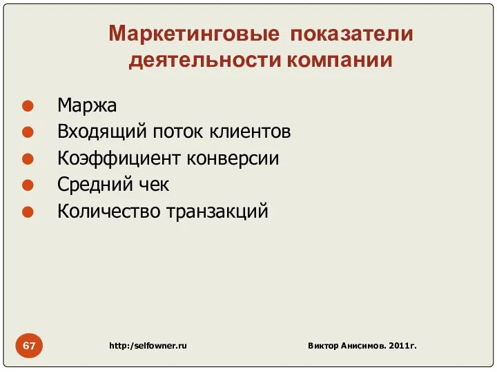 Маркетинговые показатели деятельности компании Маржа Входящий поток клиентов Коэффициент конверсии Средний