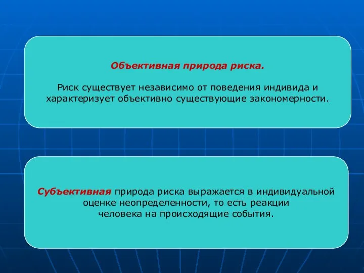 Субъективная природа риска выражается в индивидуальной оценке неопределенности, то есть реакции