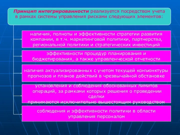 Принцип интегрированности реализуется посредством учета в рамках системы управления рисками следующих