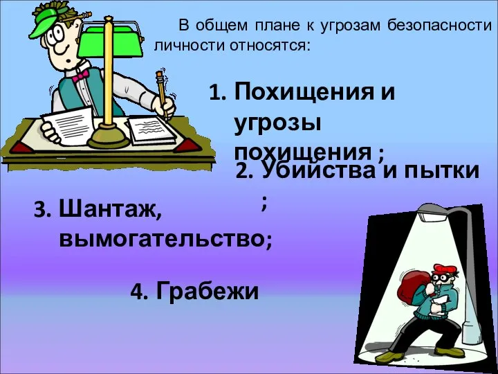 Грабежи В общем плане к угрозам безопасности личности относятся: Похищения и