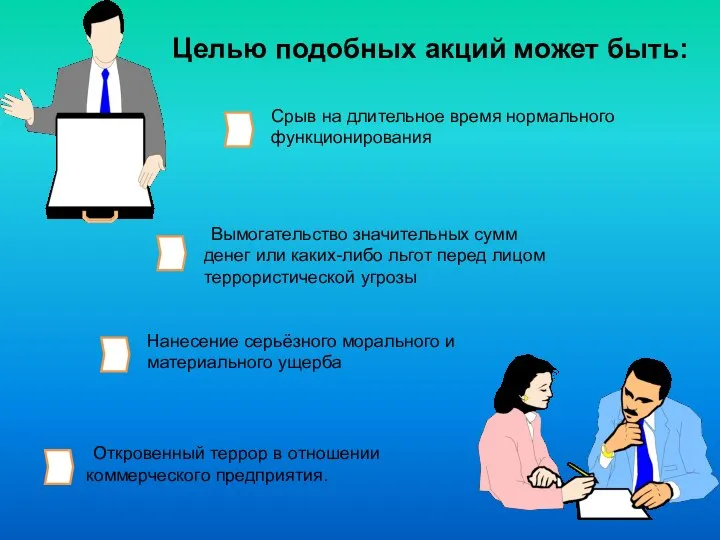 Целью подобных акций может быть: Откровенный террор в отношении коммерческого предприятия.