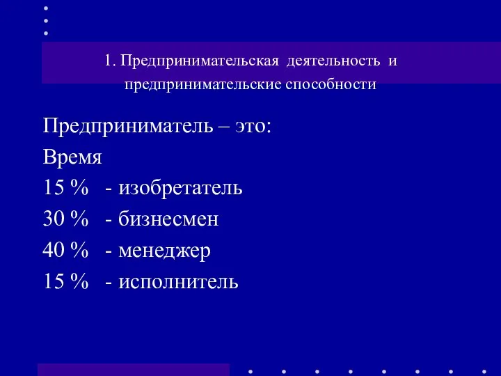 1. Предпринимательская деятельность и предпринимательские способности Предприниматель – это: Время 15