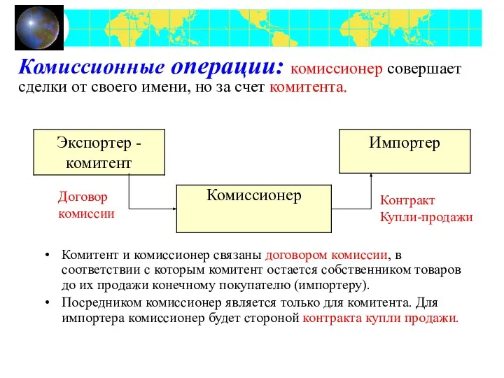 Комиссионные операции: комиссионер совершает сделки от своего имени, но за счет