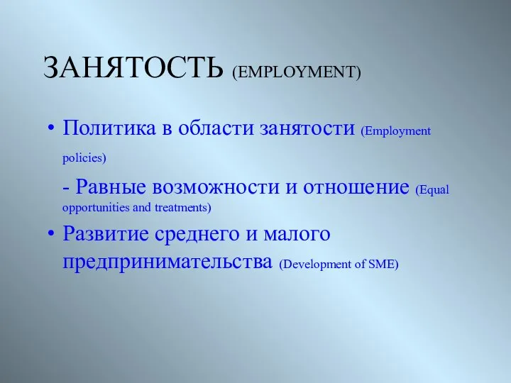 ЗАНЯТОСТЬ (EMPLOYMENT) Политика в области занятости (Employment policies) - Равные возможности