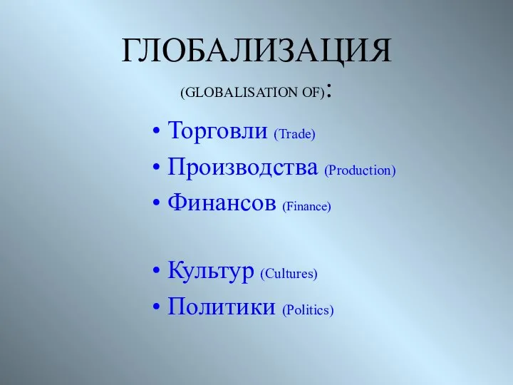 ГЛОБАЛИЗАЦИЯ (GLOBALISATION OF): Торговли (Trade) Производства (Production) Финансов (Finance) Культур (Cultures) Политики (Politics)