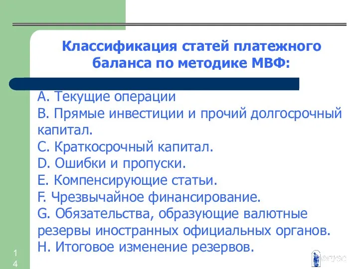 Классификация статей платежного баланса по методике МВФ: А. Текущие операции В.