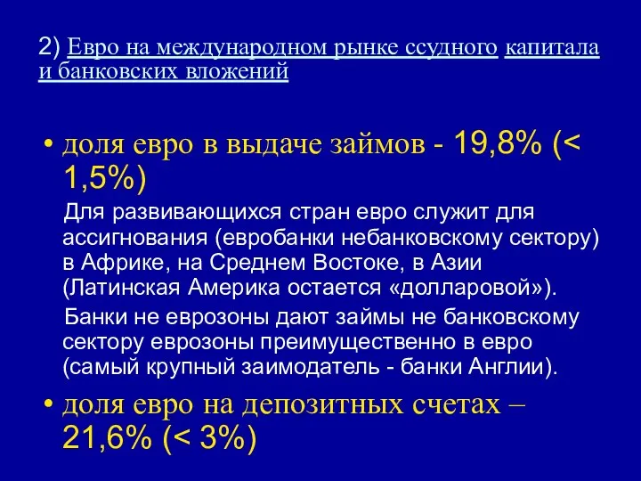 2) Евро на международном рынке ссудного капитала и банковских вложений доля