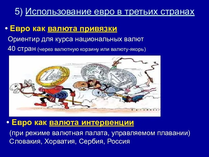 5) Использование евро в третьих странах Евро как валюта привязки Ориентир