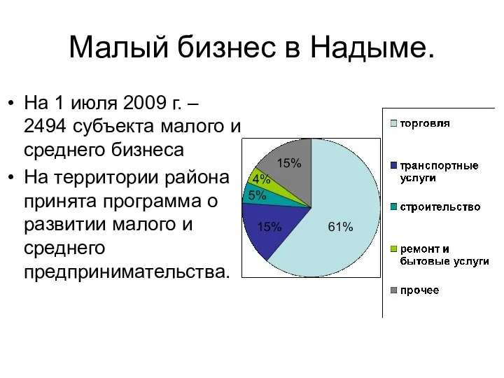 Малый бизнес в Надыме. На 1 июля 2009 г. – 2494