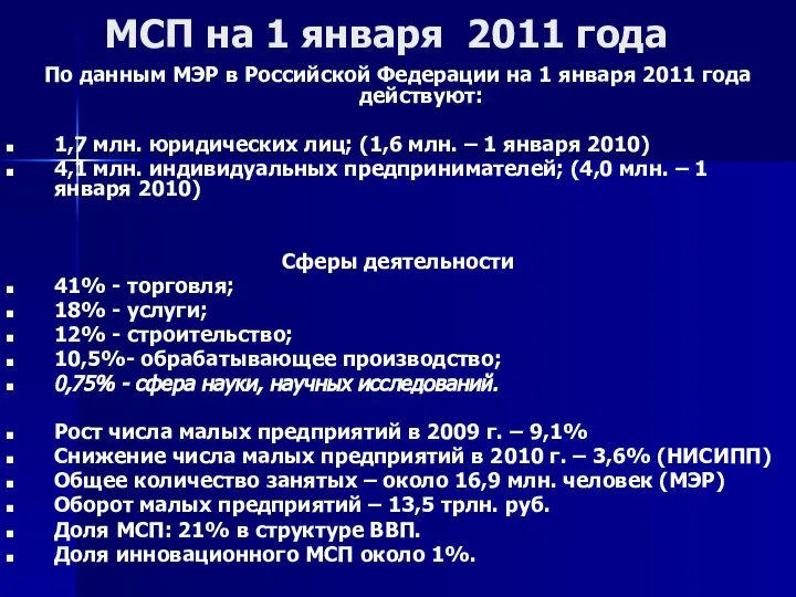 МСП на 1 января 2011 года По данным МЭР в Российской