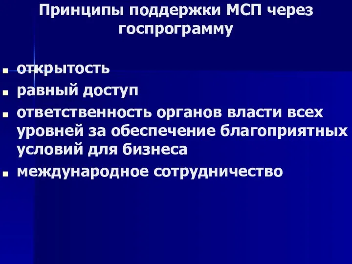 Принципы поддержки МСП через госпрограмму открытость равный доступ ответственность органов власти