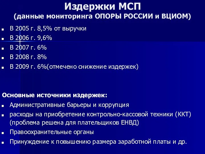 Издержки МСП (данные мониторинга ОПОРЫ РОССИИ и ВЦИОМ) В 2005 г.