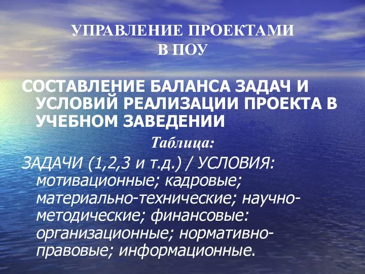 УПРАВЛЕНИЕ ПРОЕКТАМИ В ПОУ СОСТАВЛЕНИЕ БАЛАНСА ЗАДАЧ И УСЛОВИЙ РЕАЛИЗАЦИИ ПРОЕКТА