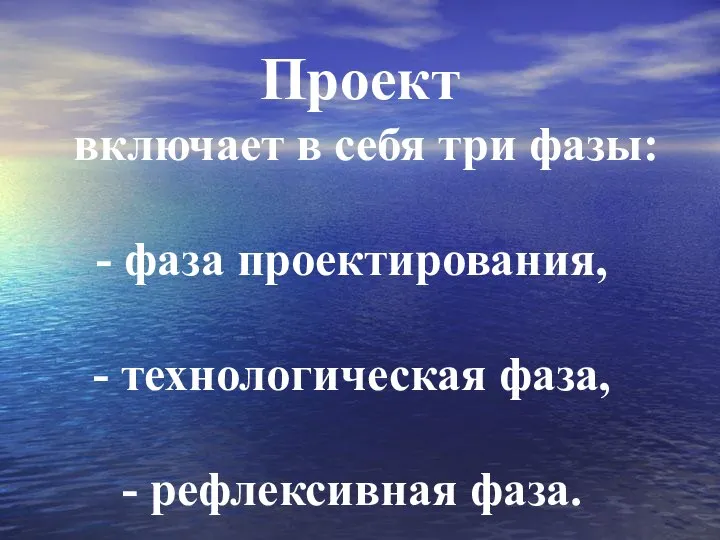 Проект включает в себя три фазы: фаза проектирования, технологическая фаза, рефлексивная фаза.