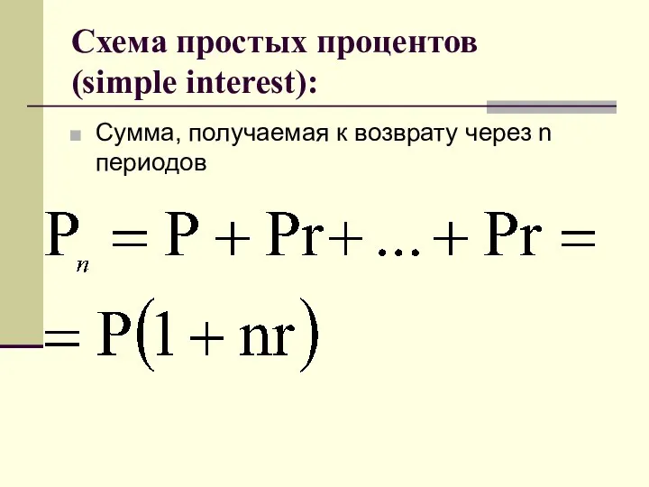 Схема простых процентов (simple interest): Сумма, получаемая к возврату через n периодов