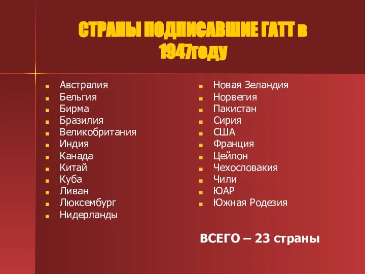 СТРАНЫ ПОДПИСАВШИЕ ГАТТ в 1947году Австралия Бельгия Бирма Бразилия Великобритания Индия