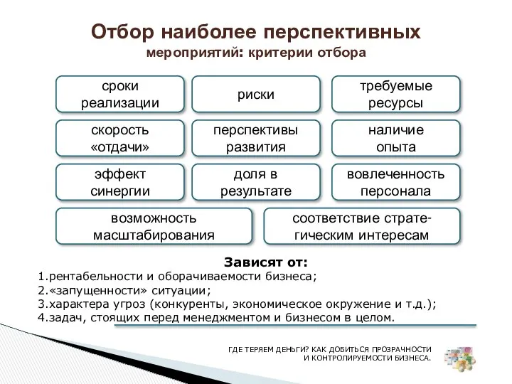 Отбор наиболее перспективных мероприятий: критерии отбора сроки реализации риски требуемые ресурсы