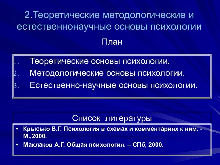 2.Теоретические методологические и естественнонаучные основы психологии Крысько В.Г. Психология в схемах