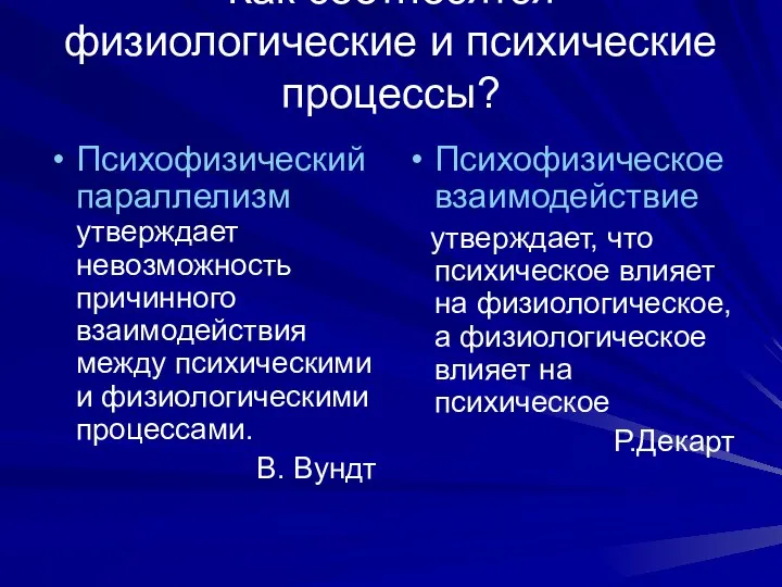 Как соотносятся физиологические и психические процессы? Психофизический параллелизм утверждает невозможность причинного