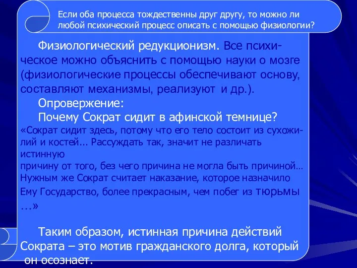 Физиологический редукционизм. Все психи- ческое можно объяснить с помощью науки о