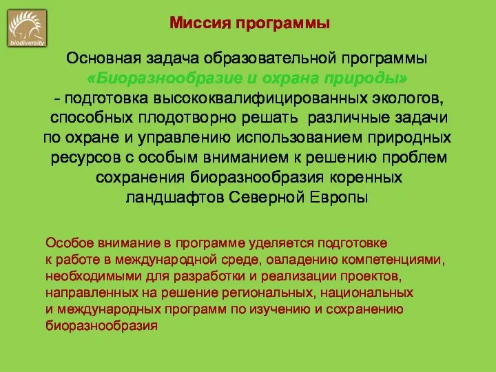 Особое внимание в программе уделяется подготовке к работе в международной среде,