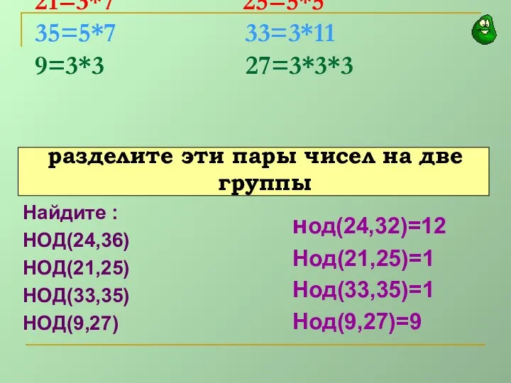 36=2*2*3*3 24=2*2*2*3 21=3*7 25=5*5 35=5*7 33=3*11 9=3*3 27=3*3*3 разделите эти пары